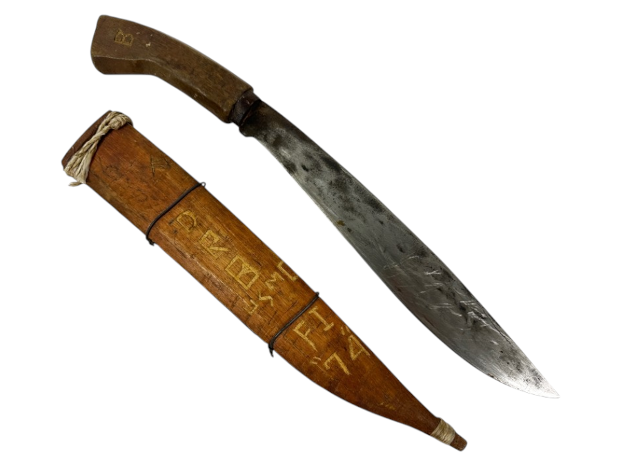 Vintage Wooden Handle Knife With Wooden Sheath And Inscriptions