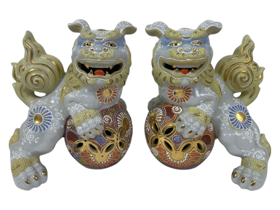 Pair of Vintage Japanese Kutani Porcelain Foo Dogs 9'H