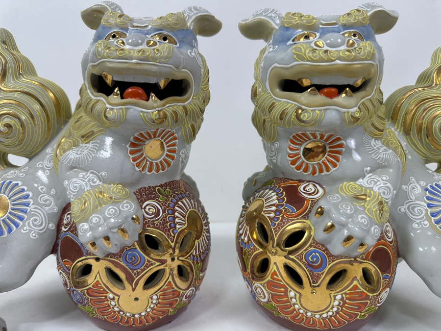 Pair of Vintage Japanese Kutani Porcelain Foo Dogs 9'H [Photo 3]