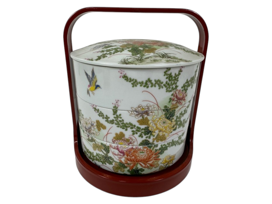 Vintage Japanese Porcelain 3 Tier Bento Box with Bird and Flower Motif 7.5'H