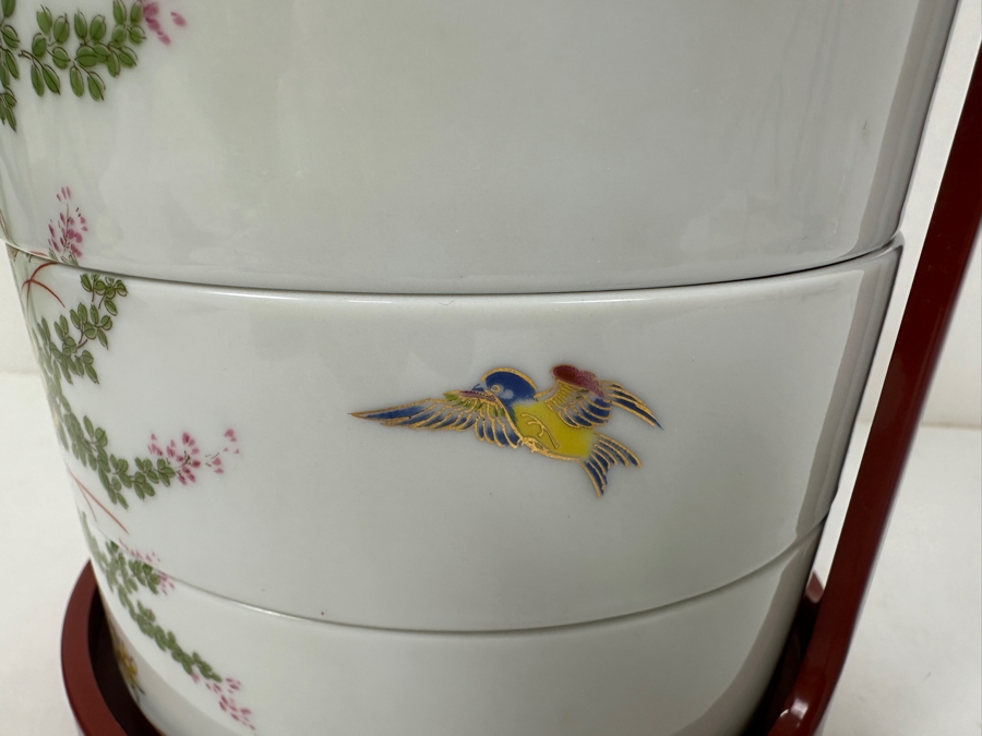 Vintage Japanese Porcelain 3 Tier Bento Box with Bird and Flower Motif 7.5'H [Photo 7]