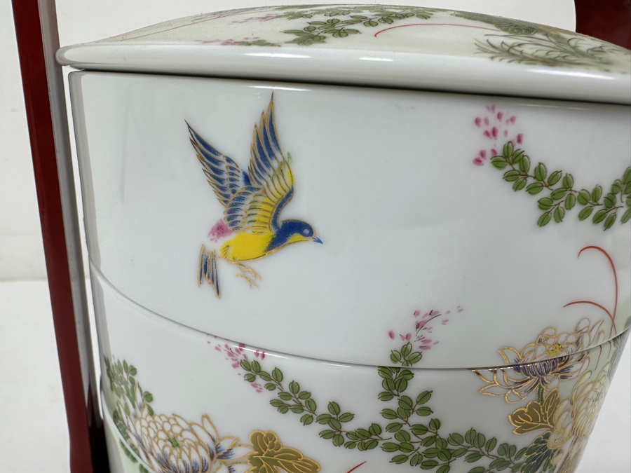 Vintage Japanese Porcelain 3 Tier Bento Box with Bird and Flower Motif 7.5'H [Photo 3]