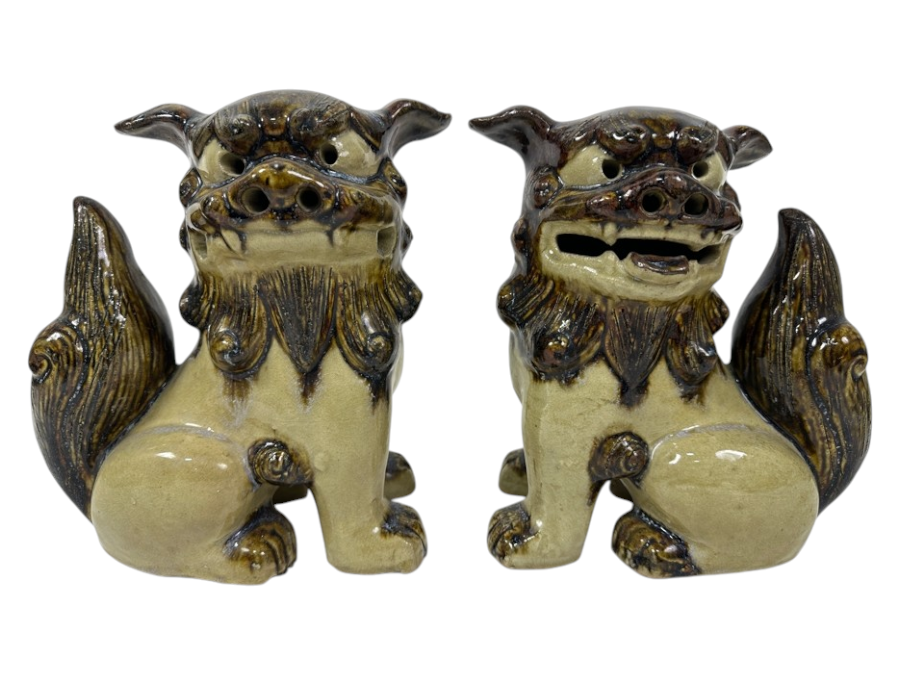 Pair of Glazed Ceramic Foo Dog Statues 9'W x 10'H