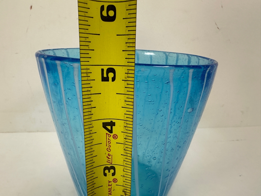 Vintage Murano Venini for Disaronno Hand-Blown Blue Art Glass Ice Bucket Wwth White Stripes and Bubbles 5'H [Photo 5]
