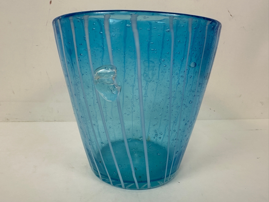 Vintage Murano Venini for Disaronno Hand-Blown Blue Art Glass Ice Bucket Wwth White Stripes and Bubbles 5'H [Photo 4]