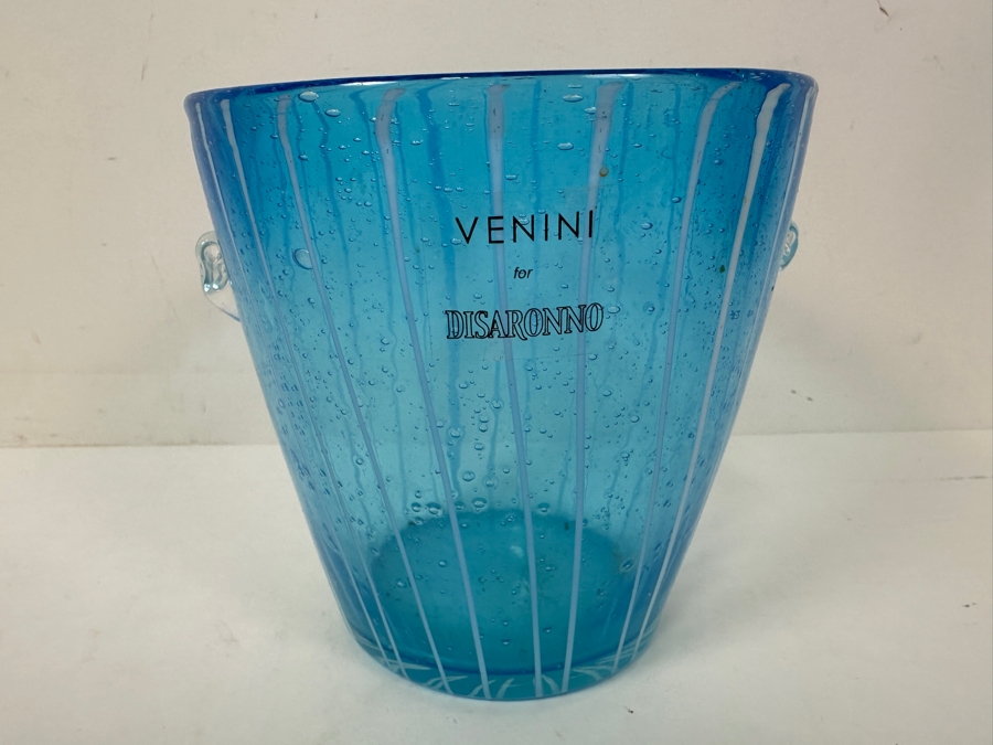 Vintage Murano Venini for Disaronno Hand-Blown Blue Art Glass Ice Bucket Wwth White Stripes and Bubbles 5'H [Photo 3]