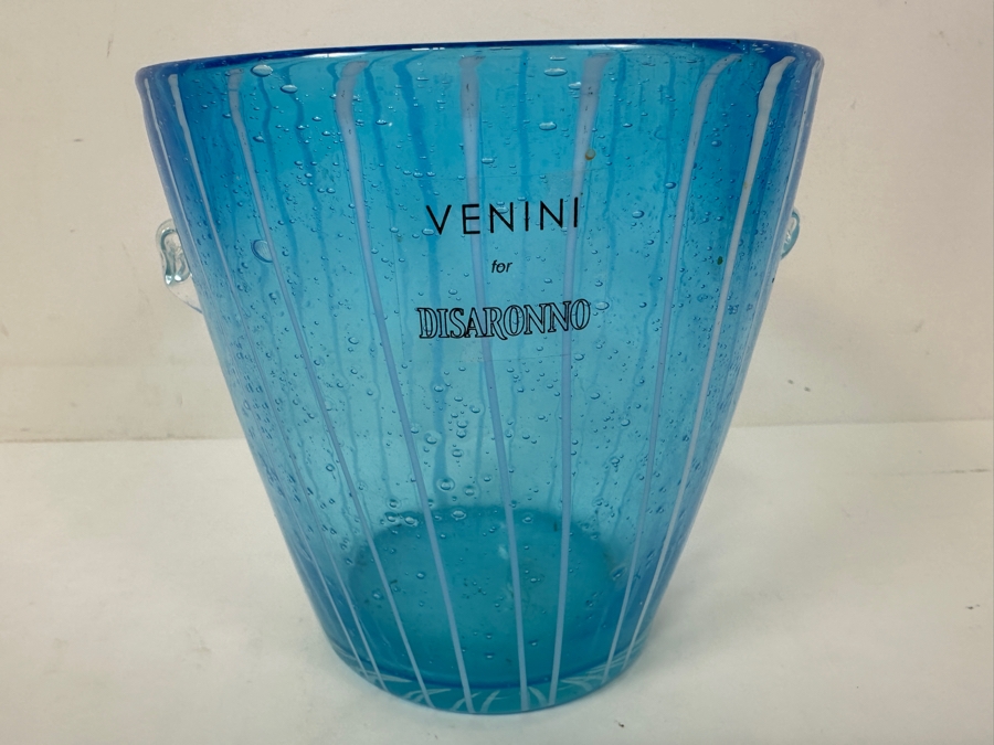Vintage Murano Venini for Disaronno Hand-Blown Blue Art Glass Ice Bucket Wwth White Stripes and Bubbles 5'H [Photo 2]