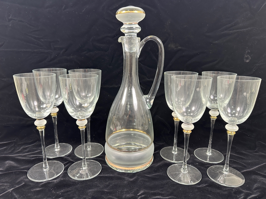 Vintage Bohemian Glass Decanter Set with Six Wine Glasses Featuring Gold And Frosted Accents 8.25'H and 13.5'H [Photo 2]