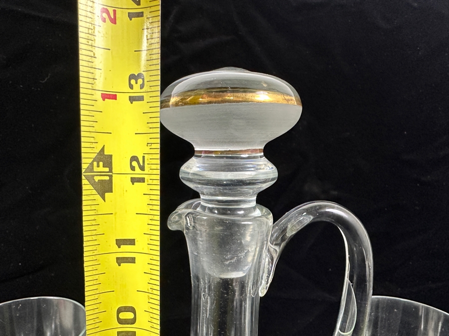 Vintage Bohemian Glass Decanter Set with Six Wine Glasses Featuring Gold And Frosted Accents 8.25'H and 13.5'H [Photo 8]