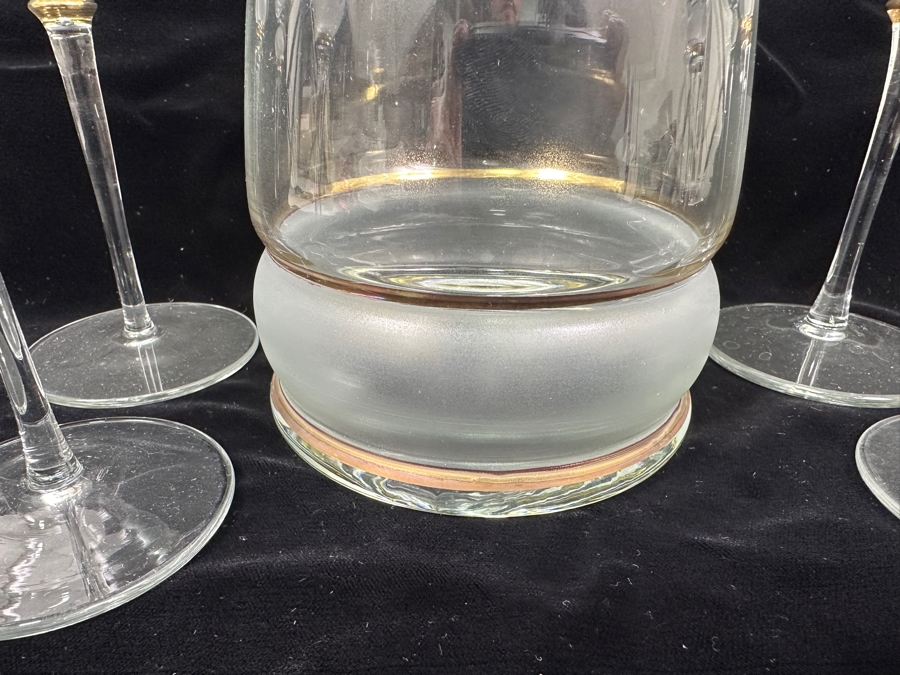 Vintage Bohemian Glass Decanter Set with Six Wine Glasses Featuring Gold And Frosted Accents 8.25'H and 13.5'H [Photo 6]