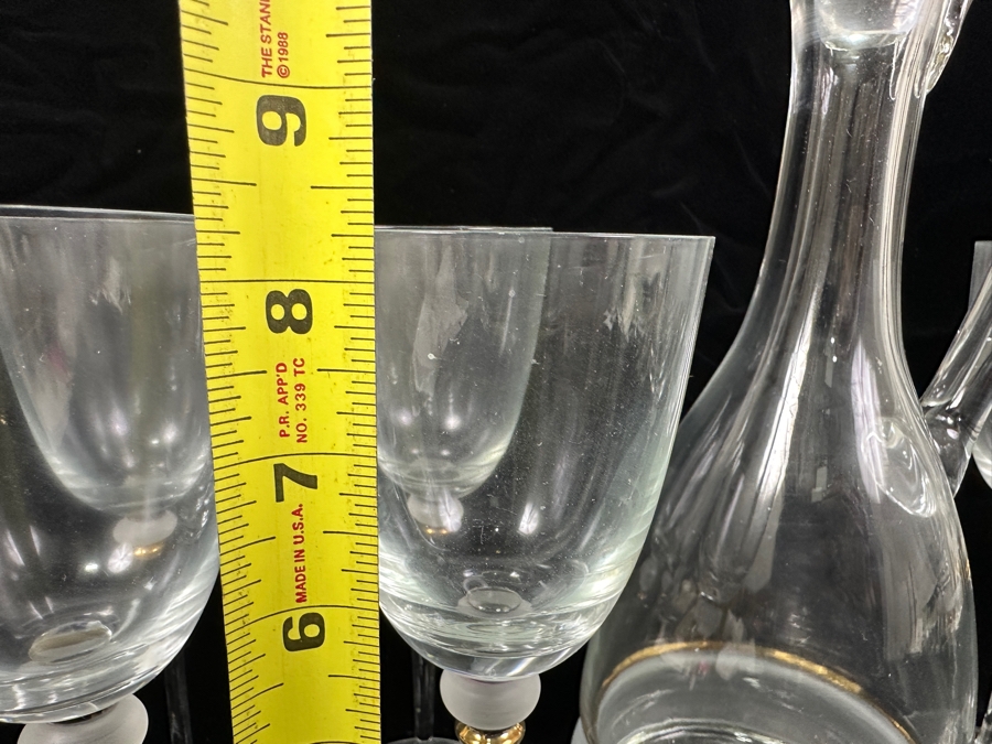 Vintage Bohemian Glass Decanter Set with Six Wine Glasses Featuring Gold And Frosted Accents 8.25'H and 13.5'H [Photo 7]