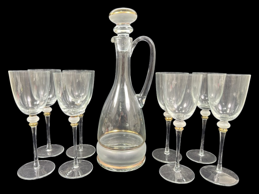 Vintage Bohemian Glass Decanter Set with Six Wine Glasses Featuring Gold And Frosted Accents 8.25'H and 13.5'H
