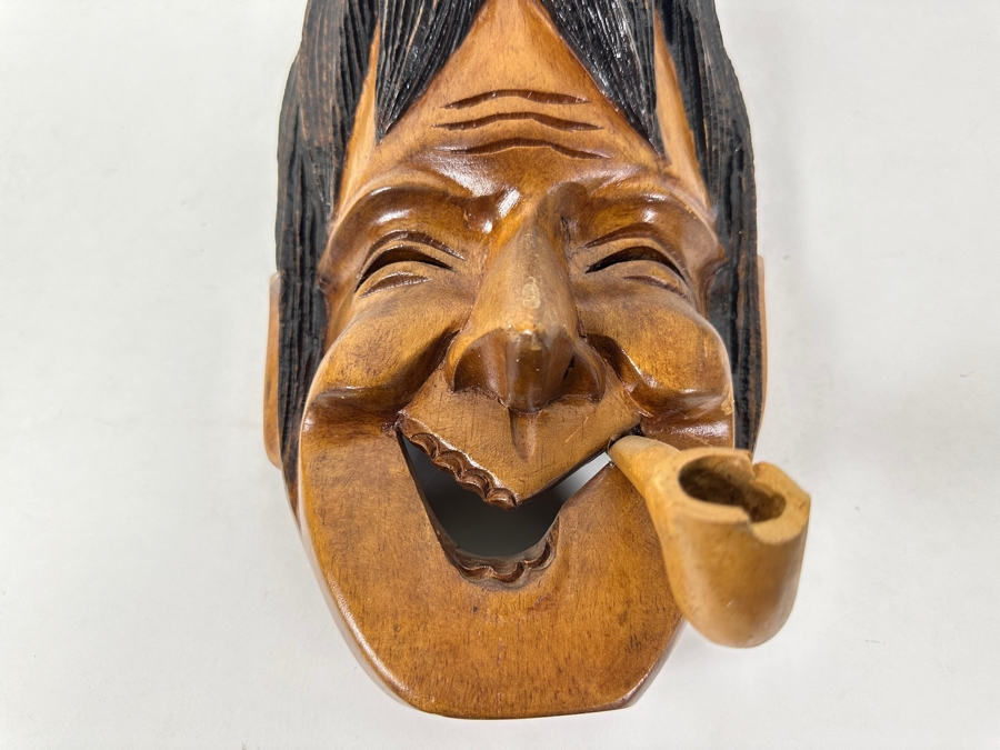 Vintage Japanese Hand Carved Wooden Smiling Mask with Pipe 15'H [Photo 2]
