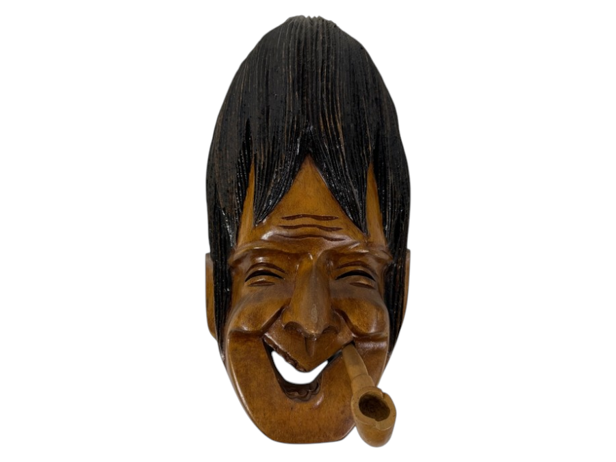 Vintage Japanese Hand Carved Wooden Smiling Mask with Pipe 15'H