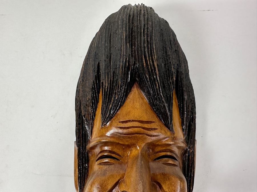 Vintage Japanese Hand Carved Wooden Smiling Mask with Pipe 15'H [Photo 3]