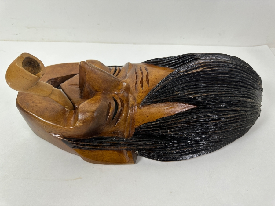 Vintage Japanese Hand Carved Wooden Smiling Mask with Pipe 15'H [Photo 4]