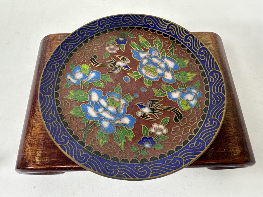 Vintage Miniature Cloisonné Tea Set with Wooden Stand With Delicate Floral And Bird Motifs [Photo 5]