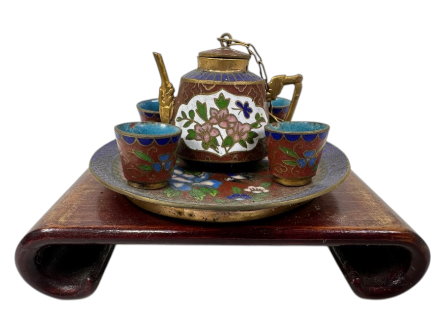 Vintage Miniature Cloisonné Tea Set with Wooden Stand With Delicate Floral And Bird Motifs