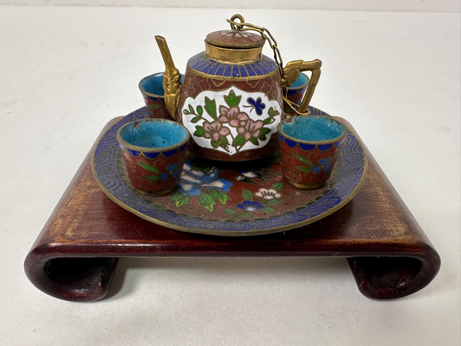 Vintage Miniature Cloisonné Tea Set with Wooden Stand With Delicate Floral And Bird Motifs [Photo 3]