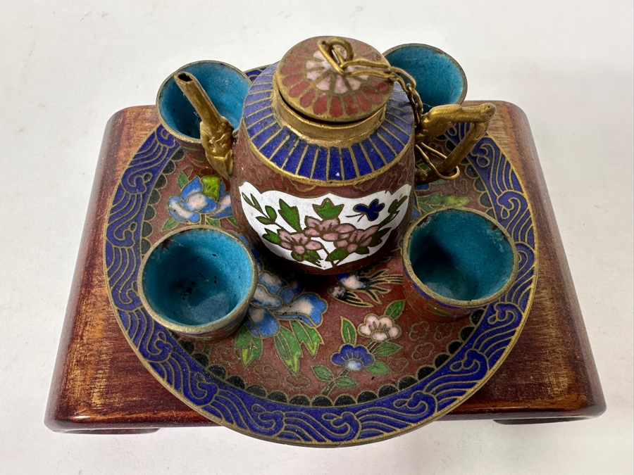Vintage Miniature Cloisonné Tea Set with Wooden Stand With Delicate Floral And Bird Motifs [Photo 4]