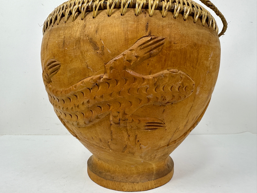 Vintage Carved Wooden Philippine Rice Basket With Woven Lid 11'W x 16'H [Photo 2]