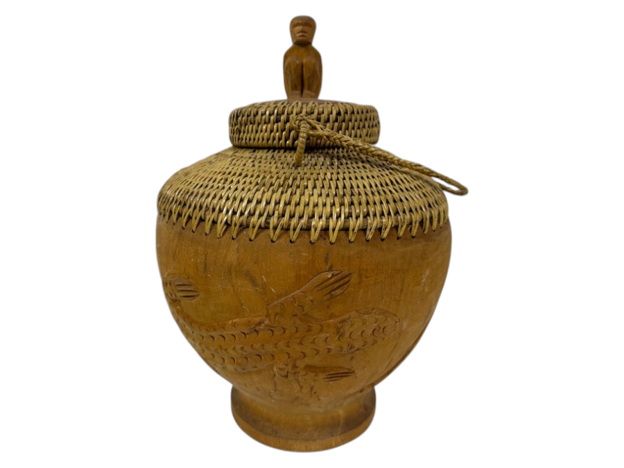 Vintage Carved Wooden Philippine Rice Basket With Woven Lid 11'W x 16'H