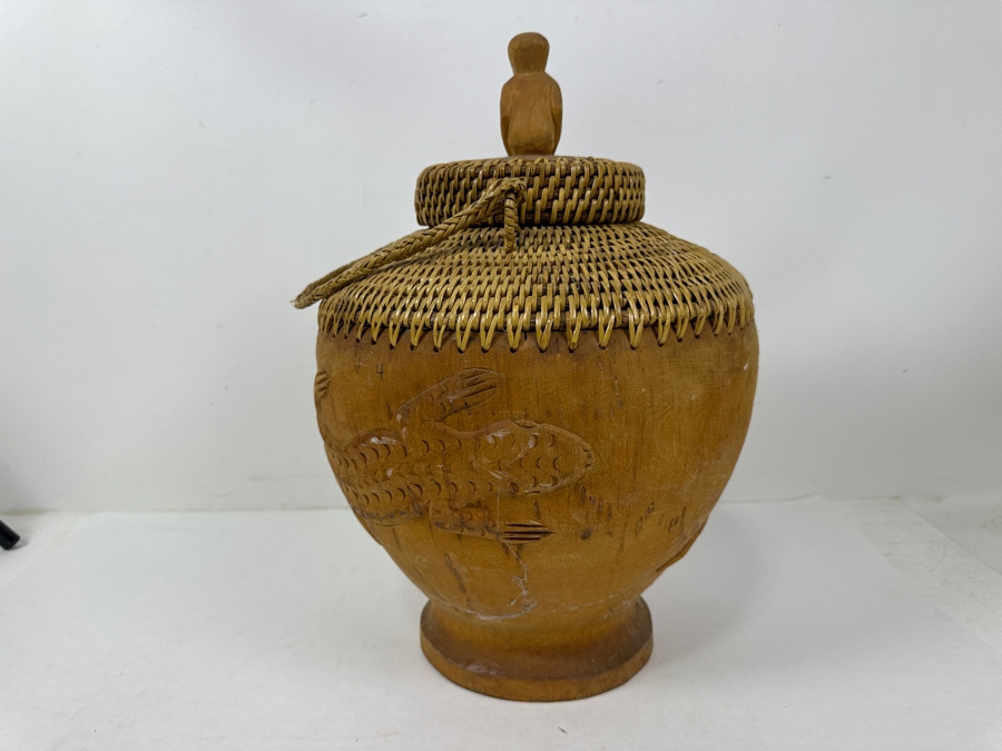 Vintage Carved Wooden Philippine Rice Basket With Woven Lid 11'W x 16'H [Photo 6]
