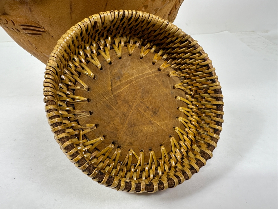 Vintage Carved Wooden Philippine Rice Basket With Woven Lid 11'W x 16'H [Photo 9]