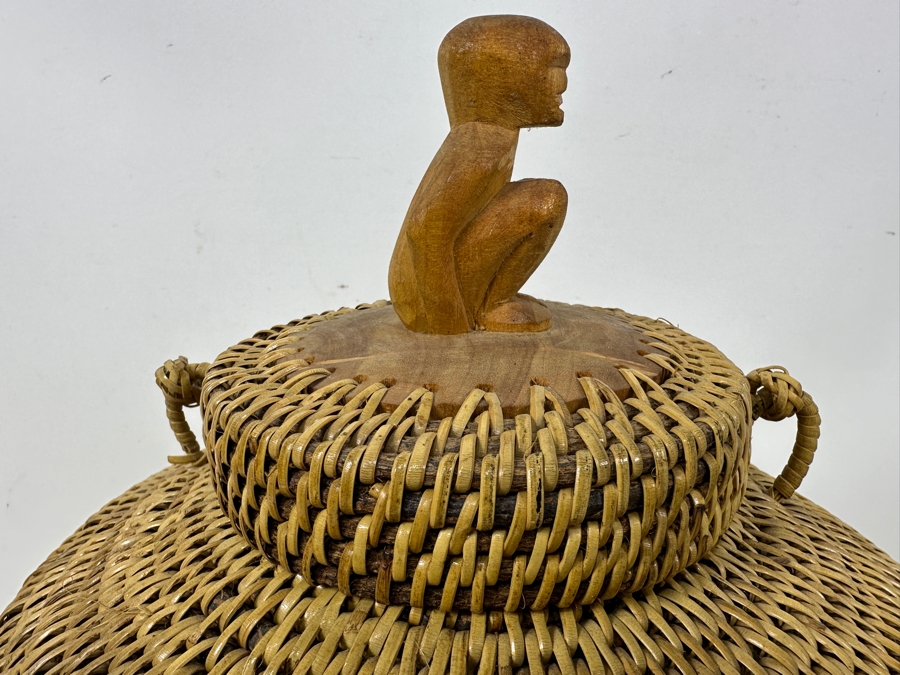 Vintage Carved Wooden Philippine Rice Basket With Woven Lid 11'W x 16'H [Photo 4]