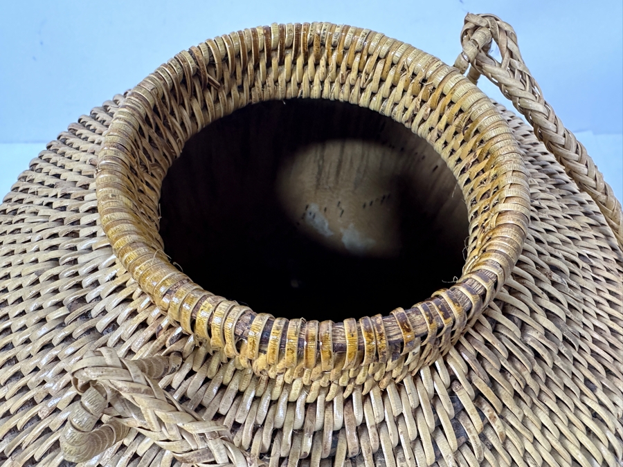 Vintage Carved Wooden Philippine Rice Basket With Woven Lid 11'W x 16'H [Photo 8]