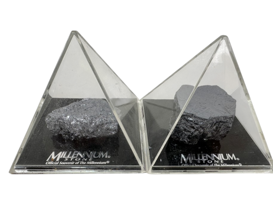 Pair Of Official Souvenirs Of The Millennium - Silicon Stones in Pyramid-Shaped Display Cases 3'H