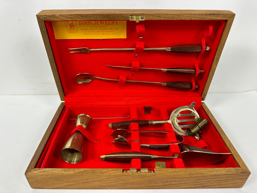 Mid Century Boon Jewelry Cocktail Set in Wooden Case with Jigger, Strainer, And Utensils [Photo 2]