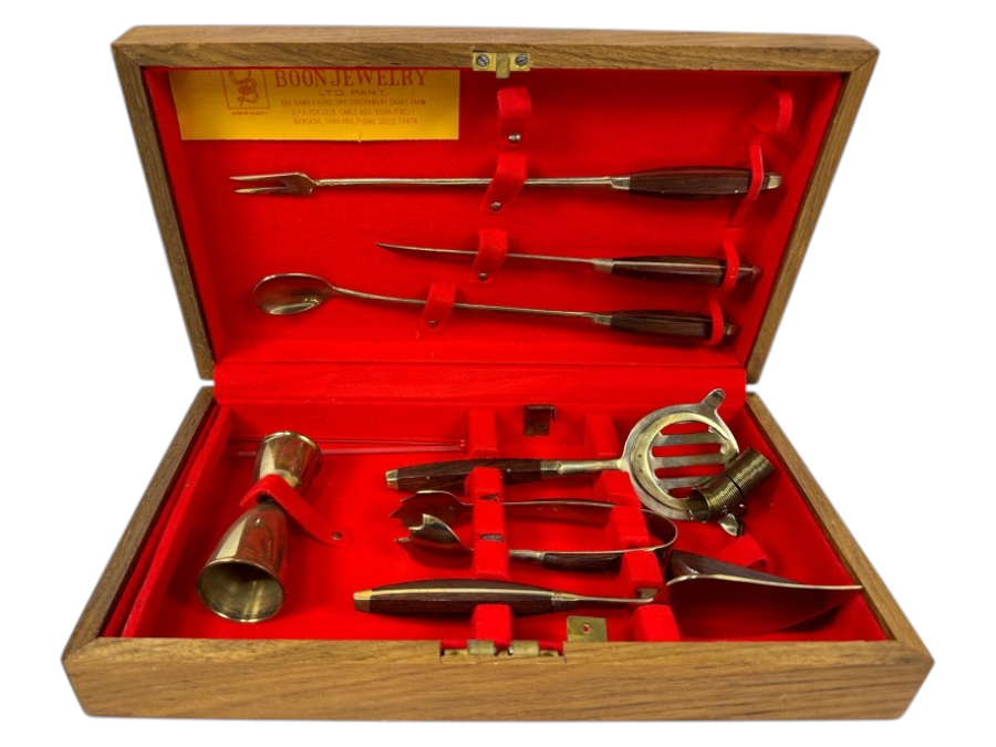 Mid Century Boon Jewelry Cocktail Set in Wooden Case with Jigger, Strainer, And Utensils