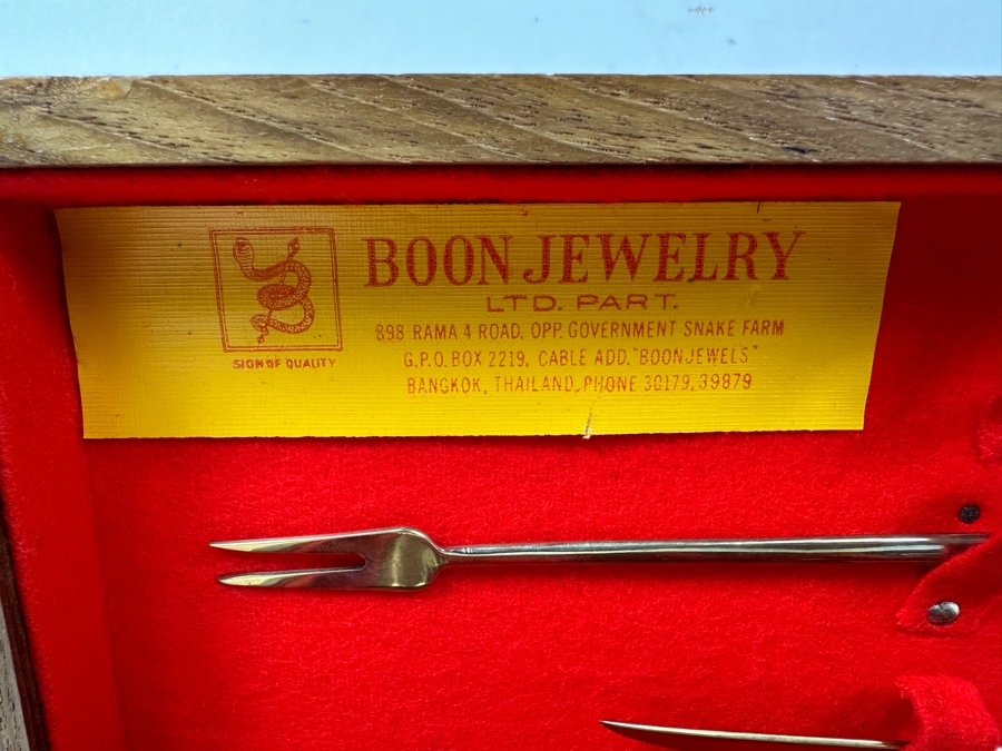 Mid Century Boon Jewelry Cocktail Set in Wooden Case with Jigger, Strainer, And Utensils [Photo 6]