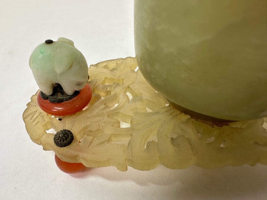 Vintage Chinese Carved Jade Brush Pot With Elephant Accents on Ornate Carved Base 5'W x 2.75'H [Photo 6]