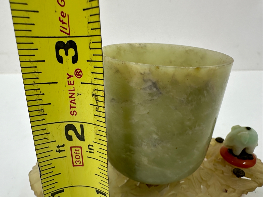 Vintage Chinese Carved Jade Brush Pot With Elephant Accents on Ornate Carved Base 5'W x 2.75'H [Photo 10]