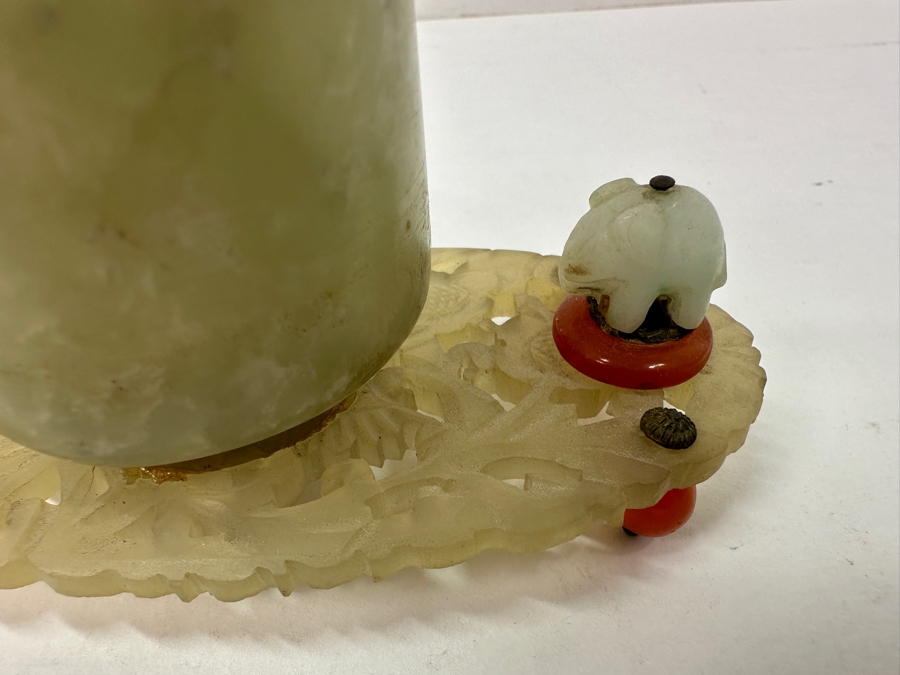 Vintage Chinese Carved Jade Brush Pot With Elephant Accents on Ornate Carved Base 5'W x 2.75'H [Photo 7]