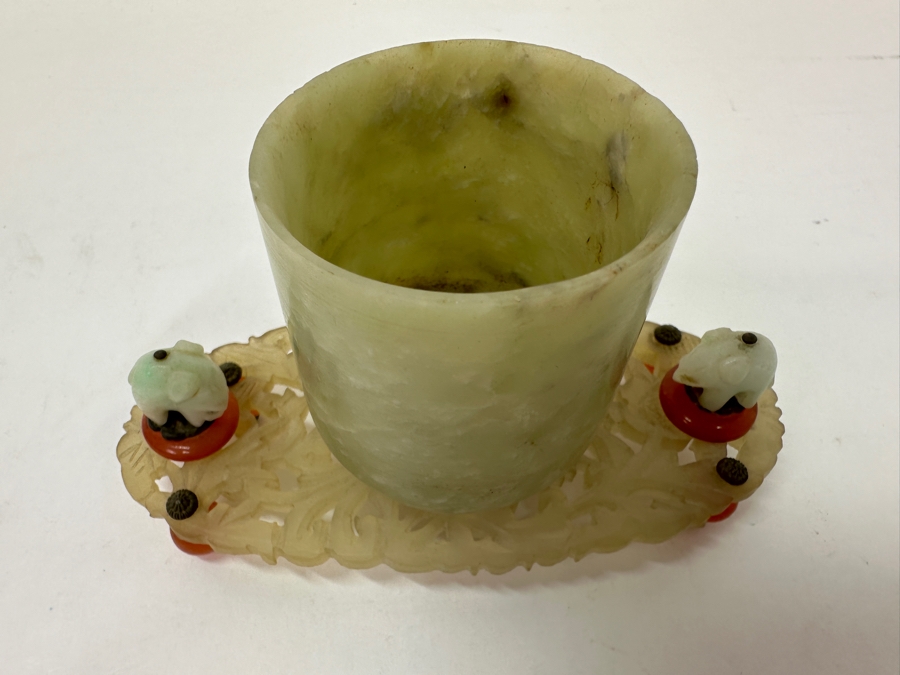 Vintage Chinese Carved Jade Brush Pot With Elephant Accents on Ornate Carved Base 5'W x 2.75'H [Photo 4]