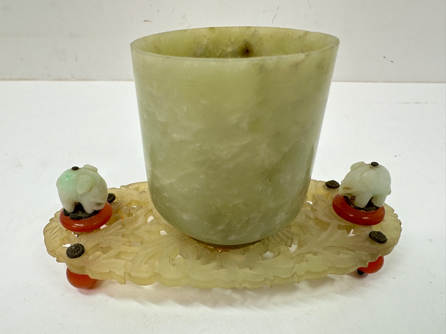 Vintage Chinese Carved Jade Brush Pot With Elephant Accents on Ornate Carved Base 5'W x 2.75'H [Photo 2]