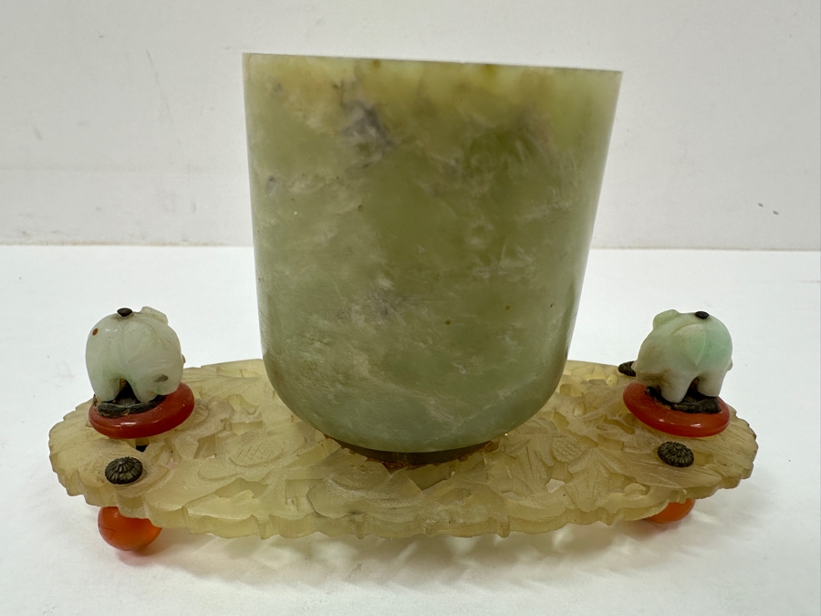 Vintage Chinese Carved Jade Brush Pot With Elephant Accents on Ornate Carved Base 5'W x 2.75'H [Photo 3]