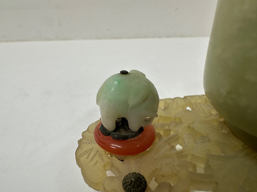 Vintage Chinese Carved Jade Brush Pot With Elephant Accents on Ornate Carved Base 5'W x 2.75'H [Photo 5]