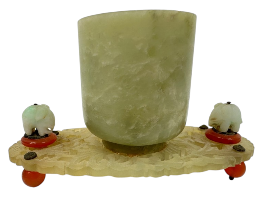 Vintage Chinese Carved Jade Brush Pot With Elephant Accents on Ornate Carved Base 5'W x 2.75'H