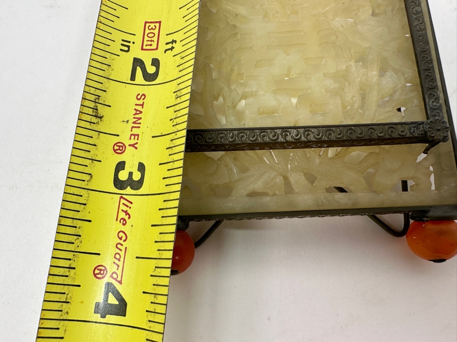 Vintage Chinese Ornate Carved Jade Screen With Picture Holder and Red Ball Feet 3'W x 3.25'H [Photo 9]