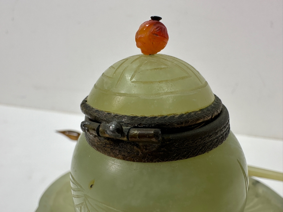 Vintage Chinese Jade Inkwell Set with Ornate Pen Holder And Decorative Lid Featuring Floral Motifs 5.25'W x 4'H [Photo 14]