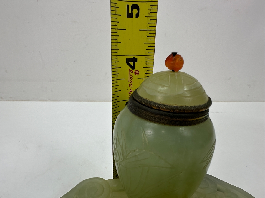 Vintage Chinese Jade Inkwell Set with Ornate Pen Holder And Decorative Lid Featuring Floral Motifs 5.25'W x 4'H [Photo 19]