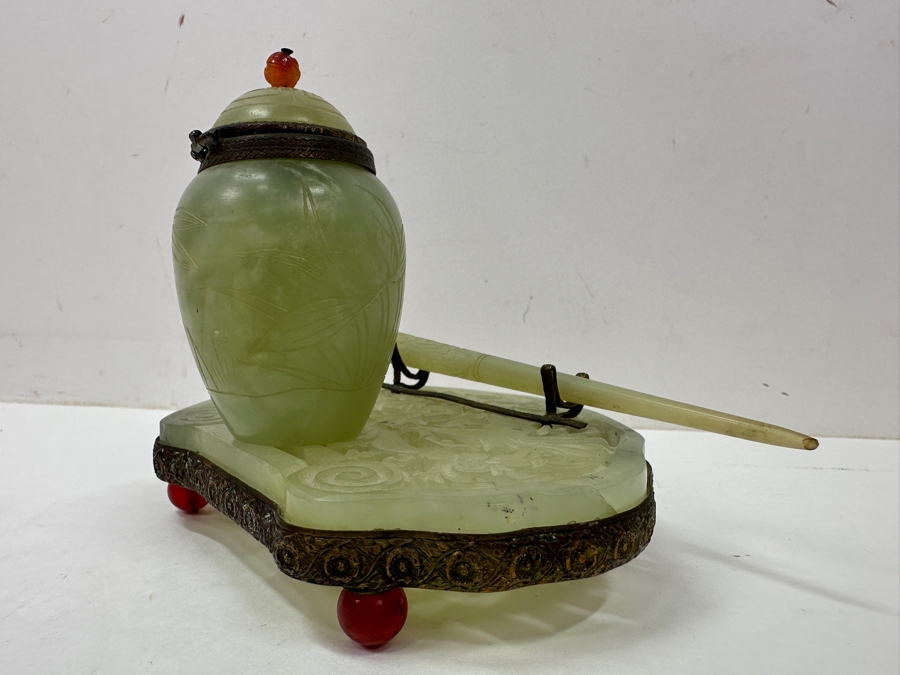 Vintage Chinese Jade Inkwell Set with Ornate Pen Holder And Decorative Lid Featuring Floral Motifs 5.25'W x 4'H [Photo 15]