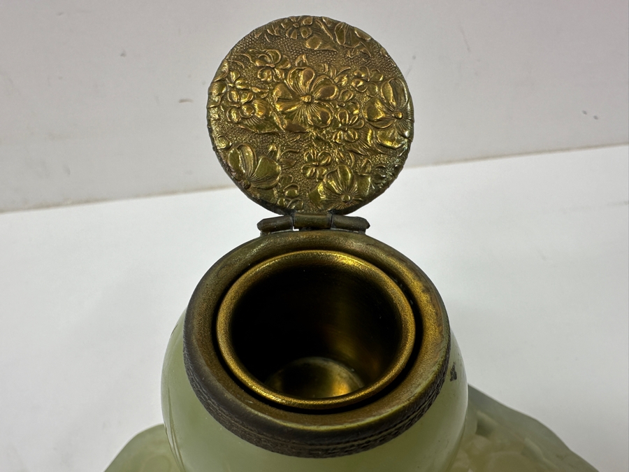 Vintage Chinese Jade Inkwell Set with Ornate Pen Holder And Decorative Lid Featuring Floral Motifs 5.25'W x 4'H [Photo 8]