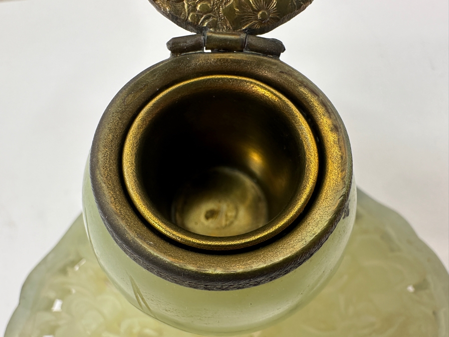 Vintage Chinese Jade Inkwell Set with Ornate Pen Holder And Decorative Lid Featuring Floral Motifs 5.25'W x 4'H [Photo 10]