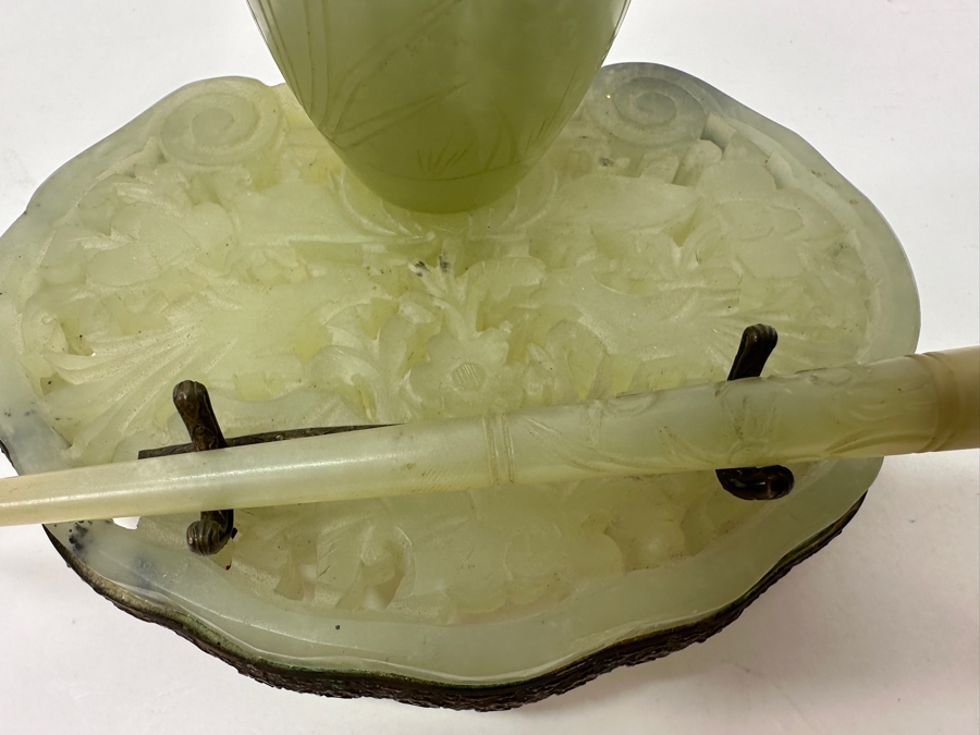 Vintage Chinese Jade Inkwell Set with Ornate Pen Holder And Decorative Lid Featuring Floral Motifs 5.25'W x 4'H [Photo 5]