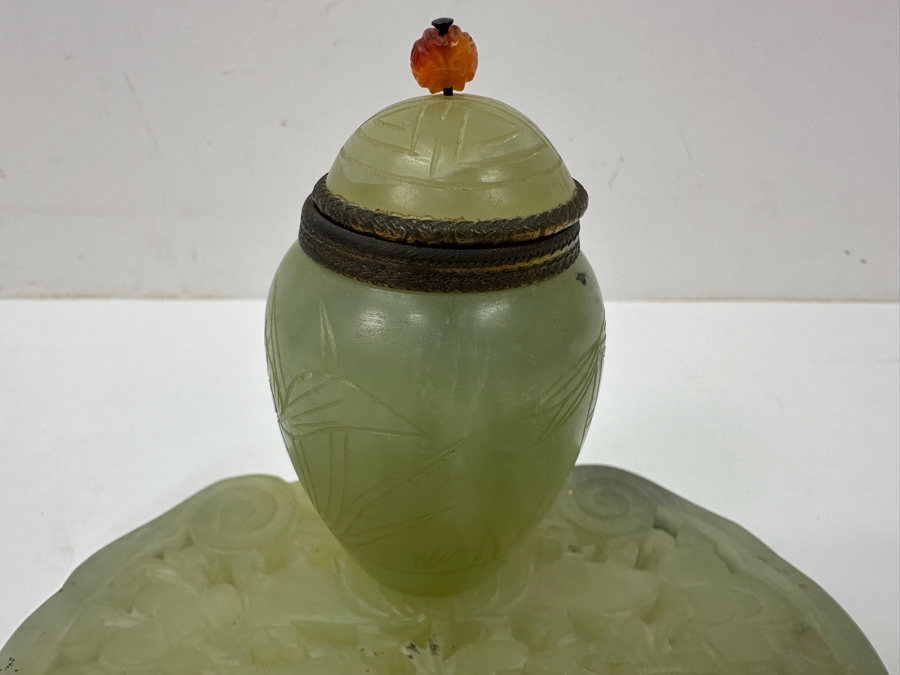 Vintage Chinese Jade Inkwell Set with Ornate Pen Holder And Decorative Lid Featuring Floral Motifs 5.25'W x 4'H [Photo 6]